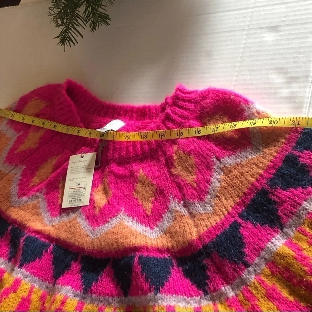 A New Day Barbiecore Fair Isle Crew Neck Fuzzy Pullover Sweater Knit Plus Sz 2XL